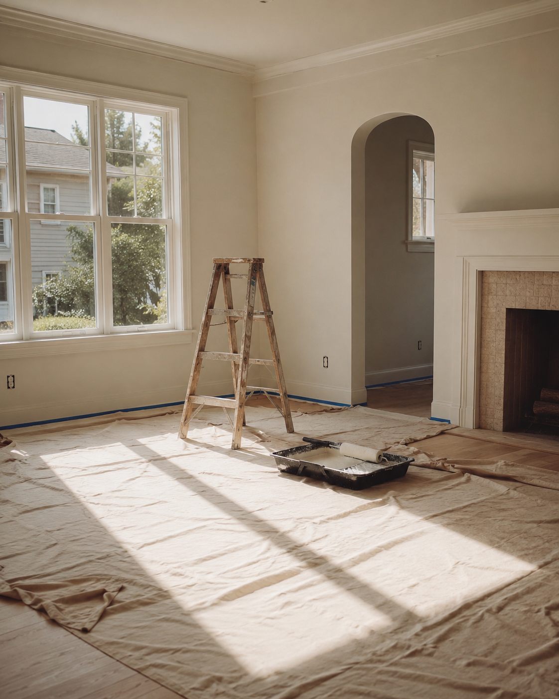 A living room stripped for prep, drop cloths over the floor and a ladder by the window